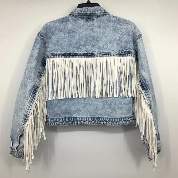 BlankNYC Jacket Nice Try Blue Denim White Fringe Button - Picture 10 of 14